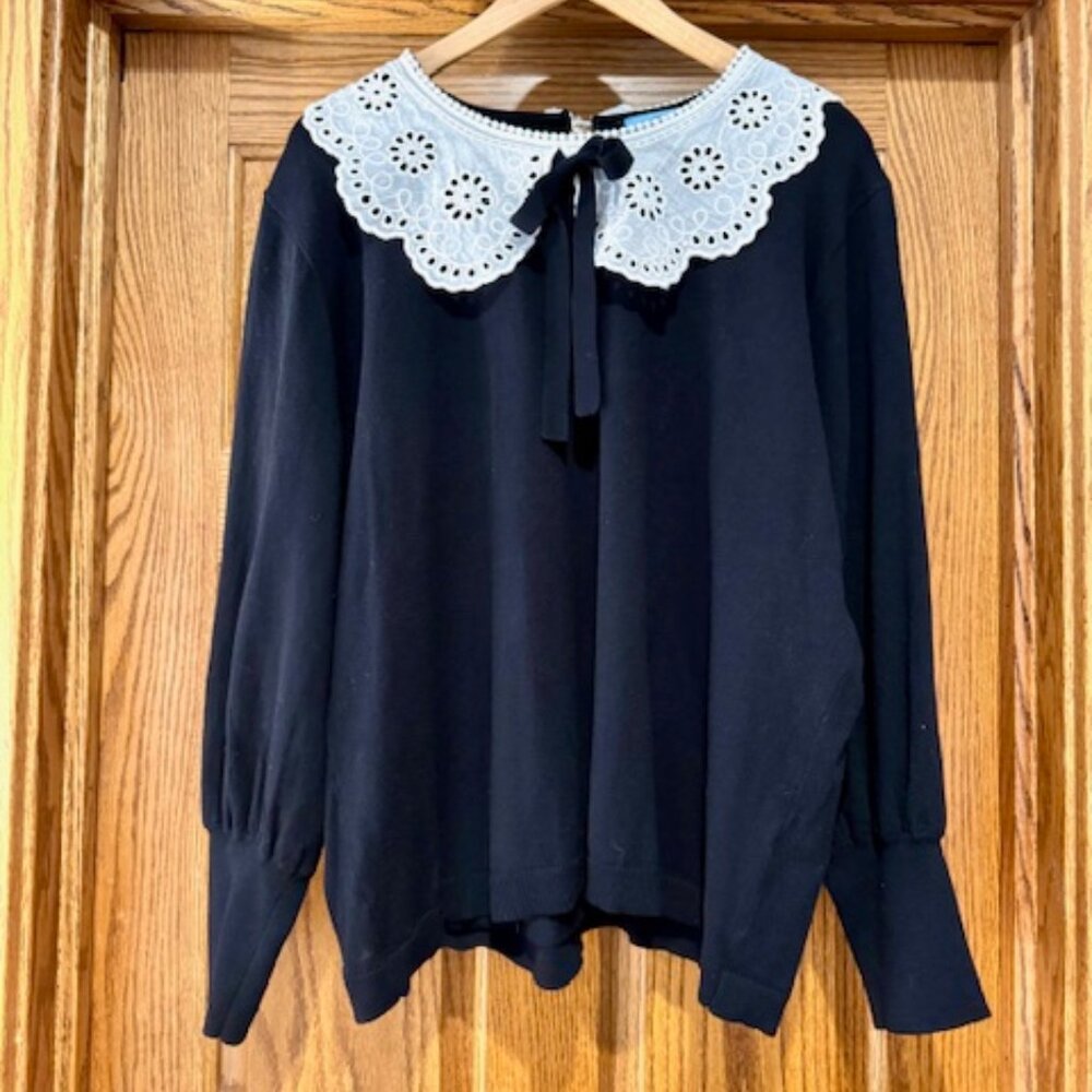 NWT CeCe Black sweater with lace collar and bow 3X